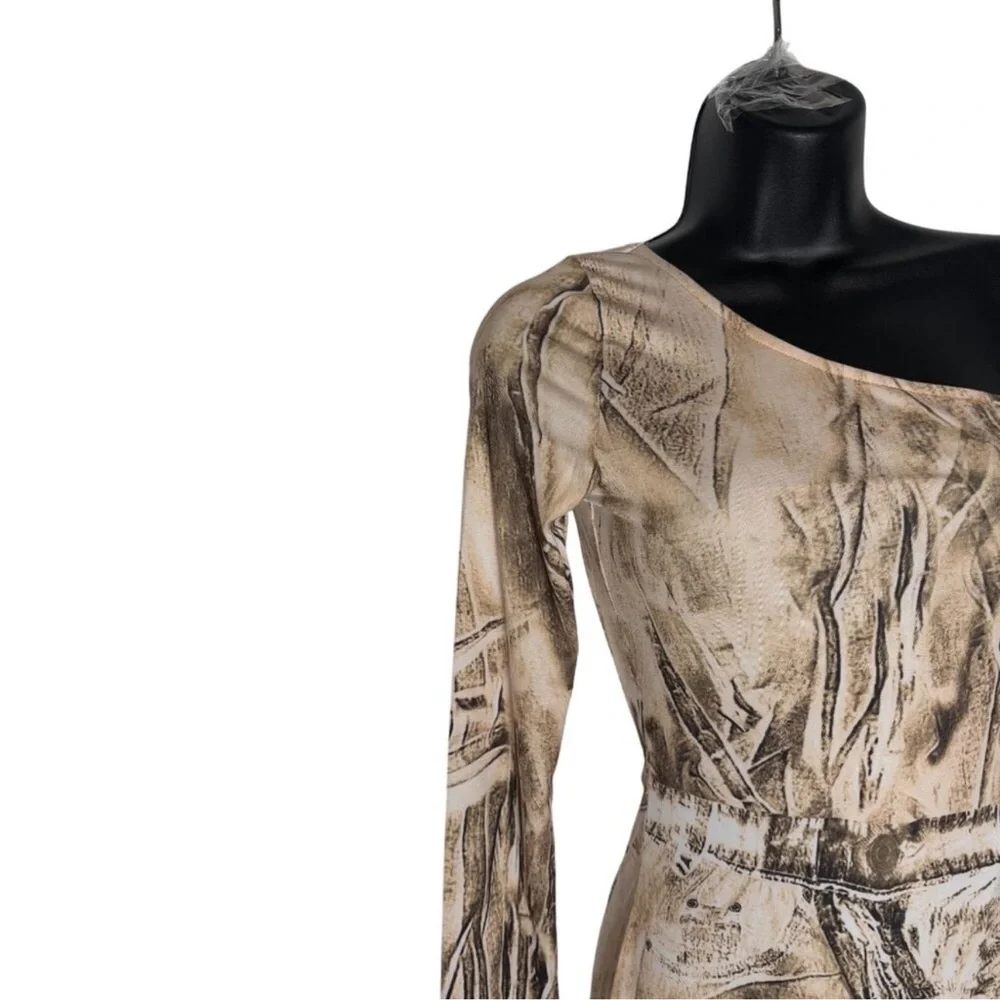 PrettyLittleThing- Midi Dress One-Shoulder Abstract Cut Out Taupe- US 8 NWT - Picture 4 of 6